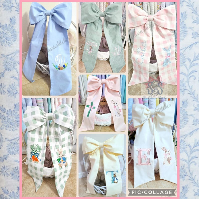 May include: A collage of large fabric bows in various colors, including blue, green, pink, and white. Some bows feature embroidered designs such as Easter eggs, bunnies, and initials. The bows have long, flowing tails.