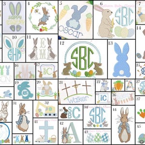May include: A collection of Easter-themed embroidery designs featuring bunnies, eggs, carrots, and monograms. Designs include a dog with a carrot, a bunny in a wreath, and a bunny with a tractor. The designs are in various colors.