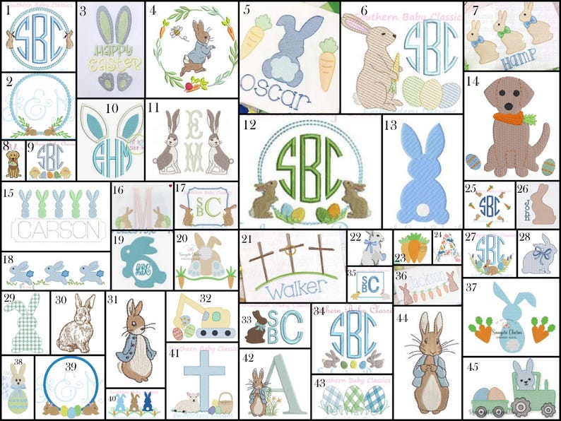 May include: A collection of Easter-themed embroidery designs featuring bunnies, eggs, carrots, and monograms. Designs include a dog with a carrot, a bunny in a wreath, and a bunny with a tractor. The designs are in various colors.