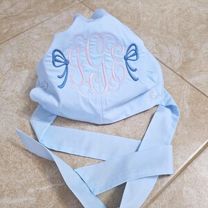 Monogrammed Baby Bonnet: Embroidered Cotton Button Bow Hat Childrens Photo Prop image 10