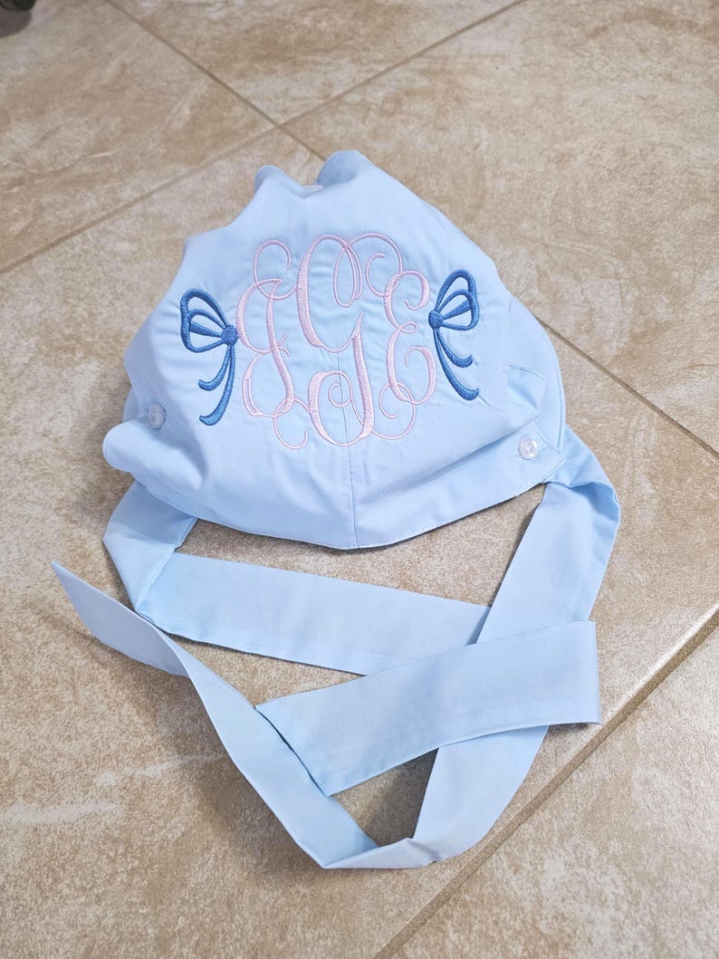 Monogrammed Baby Bonnet: Embroidered Cotton Button Bow Hat Childrens Photo Prop image 10