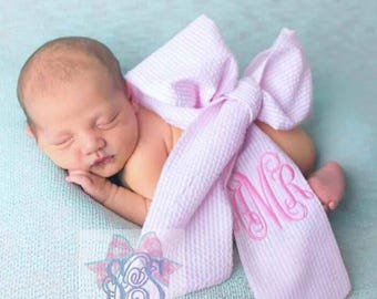 Monogrammed Baby Sash: Embroidered Seersucker Bow, Newborn Photo Prop Swaddle Ribbon Gift Accessory