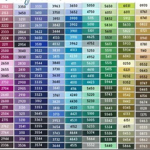 May include: A color chart with numerous small squares, each displaying a unique color and a corresponding number. The chart is organized in rows and columns, showcasing a wide spectrum of hues, shades, and tones for various creative projects.