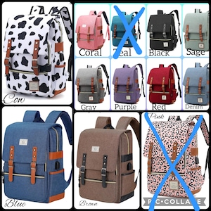 May include: A collection of backpacks in various colors, including cow print, coral, black, sage, gray, purple, red, denim, blue, and brown. Each backpack features adjustable straps, multiple pockets, and buckle closures.