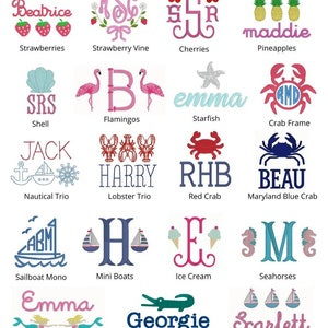 May include: A collection of embroidered designs featuring various themes. Includes strawberries, cherries, pineapples, shells, flamingos, starfish, crabs, boats, seahorses, mermaids, and a gator. Each design has a name or initials.