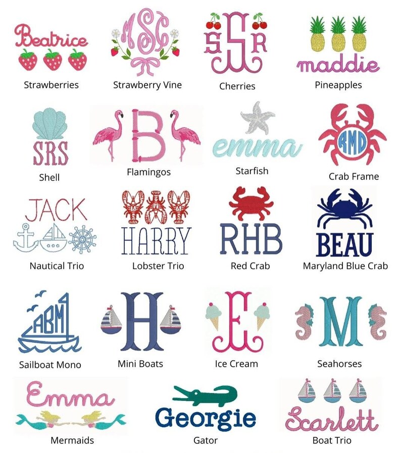 May include: A collection of embroidered designs featuring various themes. Includes strawberries, cherries, pineapples, shells, flamingos, starfish, crabs, boats, seahorses, mermaids, and a gator. Each design has a name or initials.