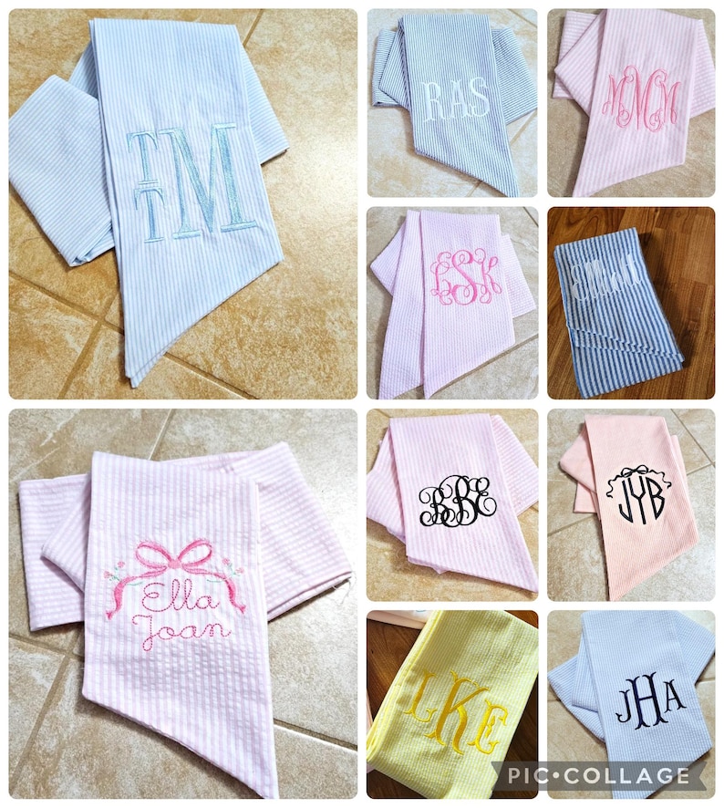 Monogrammed Baby Sash: Embroidered Seersucker Bow, Newborn Photo Prop Swaddle Ribbon Gift Accessory bild 3