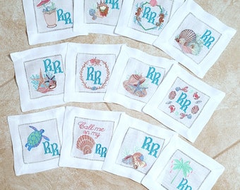 Monogrammed Linen Cocktail Napkins: Embroidered Summer Decor Beach Party Gift Home Accessory