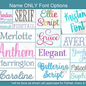 May include: A teal background with a grid of text samples showcasing various font styles. The text "Name ONLY Font Options" is at the top. Font styles include "London", "Serif", "Ellie", "Kristen Font", and more.