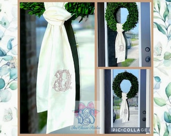 Monogrammed Wreath Sash: Custom Cotton Silk Door Decor Personalized Ribbon