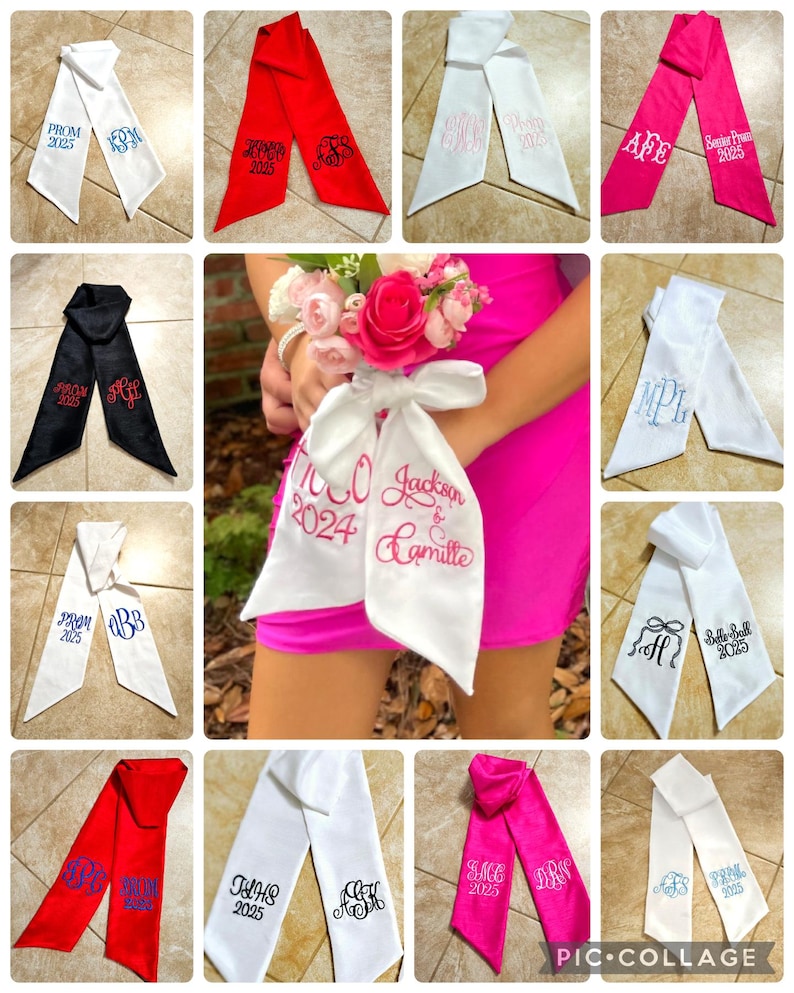 May include: Collage of satin sashes in various colors, including white, red, black, and pink. Each sash is embroidered with text and monograms, such as "PROM 2025" and initials. Some sashes are held by a person wearing a pink dress.