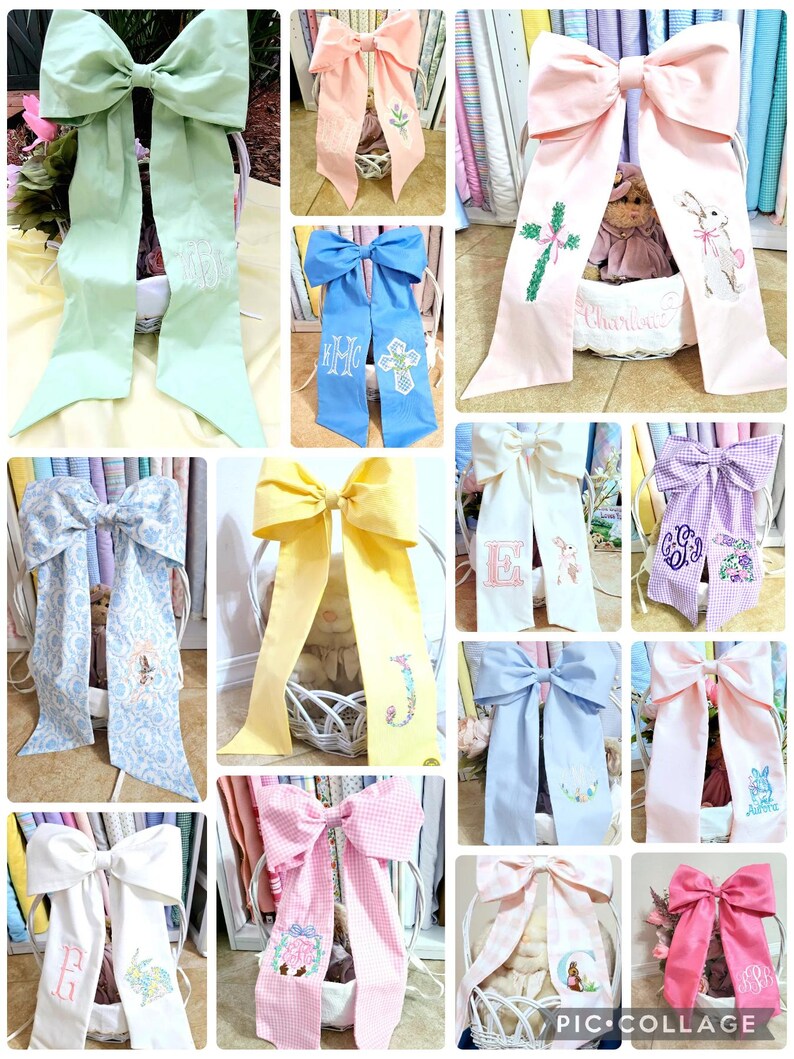 May include: A collage of decorative bows in various colors, including light green, pink, blue, and yellow. Some bows feature embroidered designs such as initials, crosses, and bunnies. The bows are likely used for gift wrapping or decorative purposes.