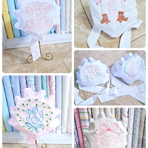 Monogrammed Baby Bonnet: Embroidered Cotton Button Bow Hat Childrens Photo Prop image 9
