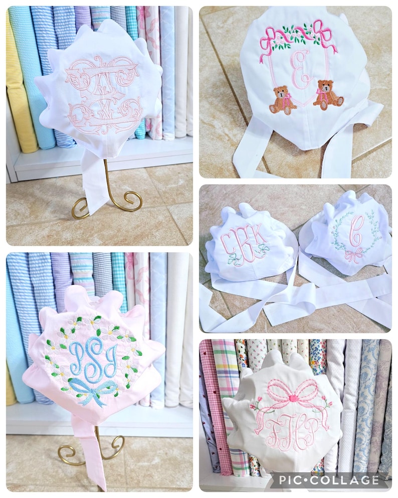 Monogrammed Baby Bonnet: Embroidered Cotton Button Bow Hat Childrens Photo Prop image 9