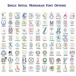 May include: A grid of single initial monogram font options labeled with names like Hope, Bourne, and Miami. Each square displays a unique embroidered letter design in various colors, styles, and floral or geometric patterns for customization.