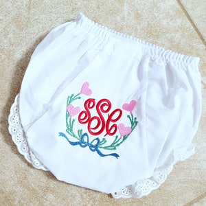 Monogrammed Valentine Bloomers White Eyelet Bloomer Diaper Cover Personalized Baby Heart Diaper Cover Baby Gift Little Girl Bloomers