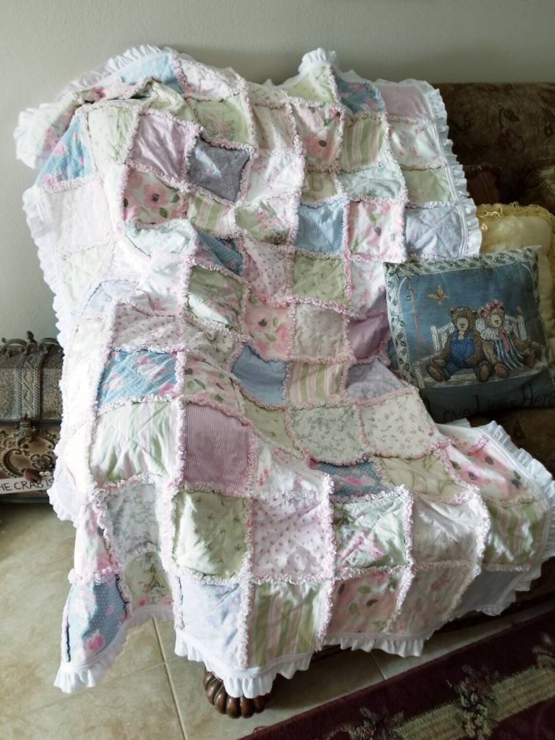 Handmade Shabby Chic Rag Quilt Vintage Pastel Floral Quilt Etsy