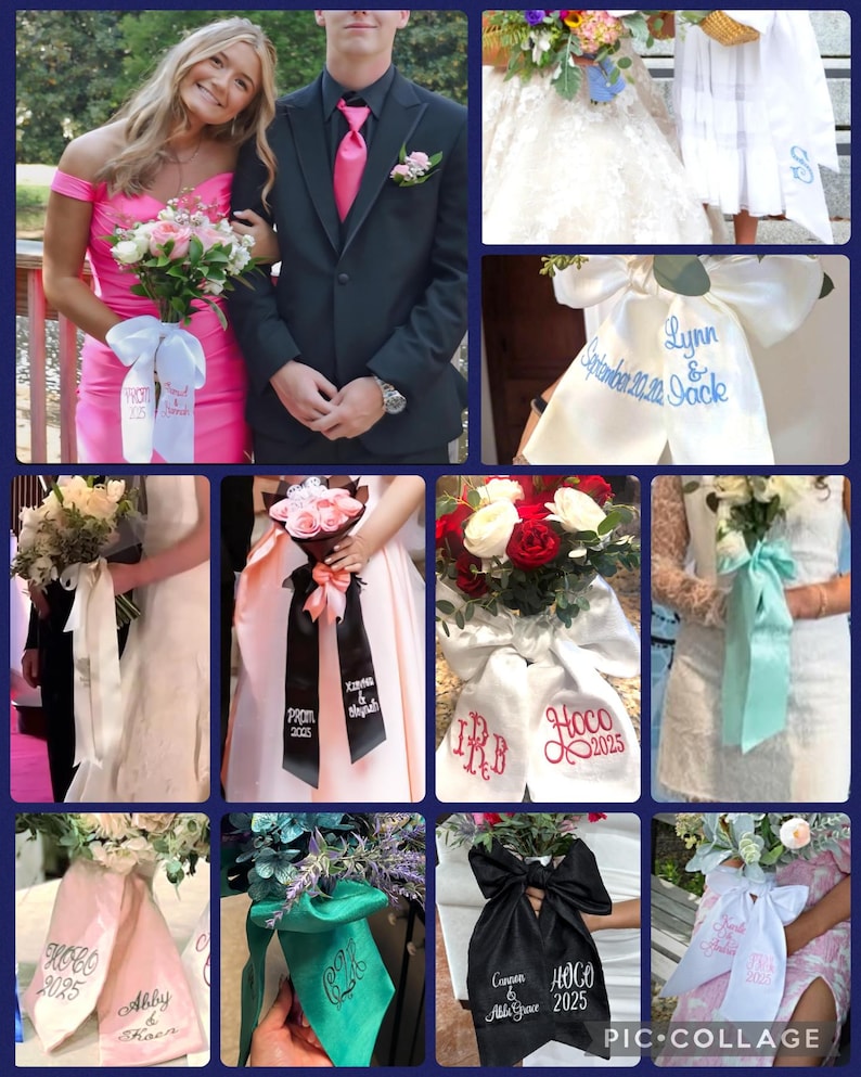 Monogrammed Bouquet Sash: Silk Ribbon Prom Homecoming Wedding Embroidered Bow image 2