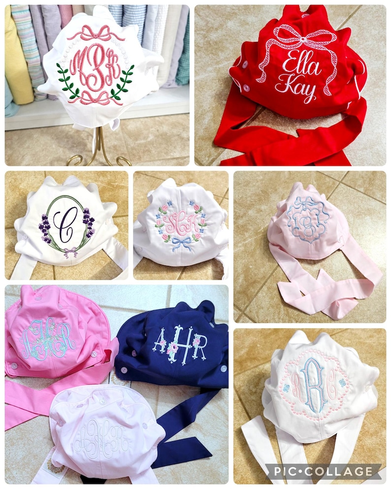 May include: A collage of nine images showcasing various styles of personalized surgical caps. The caps are made of white, pink, blue, and red fabric and feature embroidered monograms, names, and floral designs.