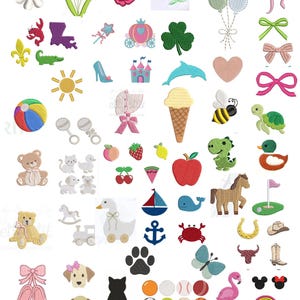 May include: A collage of embroidered patches featuring various designs. Includes flowers, animals, food items, and sports equipment. The patches are in various colors and styles, suitable for crafting or embellishment projects.