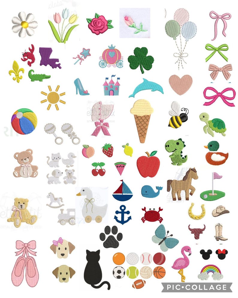 May include: A collage of embroidered patches featuring various designs. Includes flowers, animals, food items, and sports equipment. The patches are in various colors and styles, suitable for crafting or embellishment projects.
