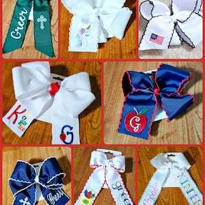 Monogrammed Hair Bow Moonstitch Long Ribbon Bow Grosgrain Girls Accessory