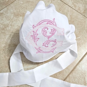 Monogrammed Baby Bonnet: Embroidered Cotton Button Bow Hat Childrens Photo Prop image 6