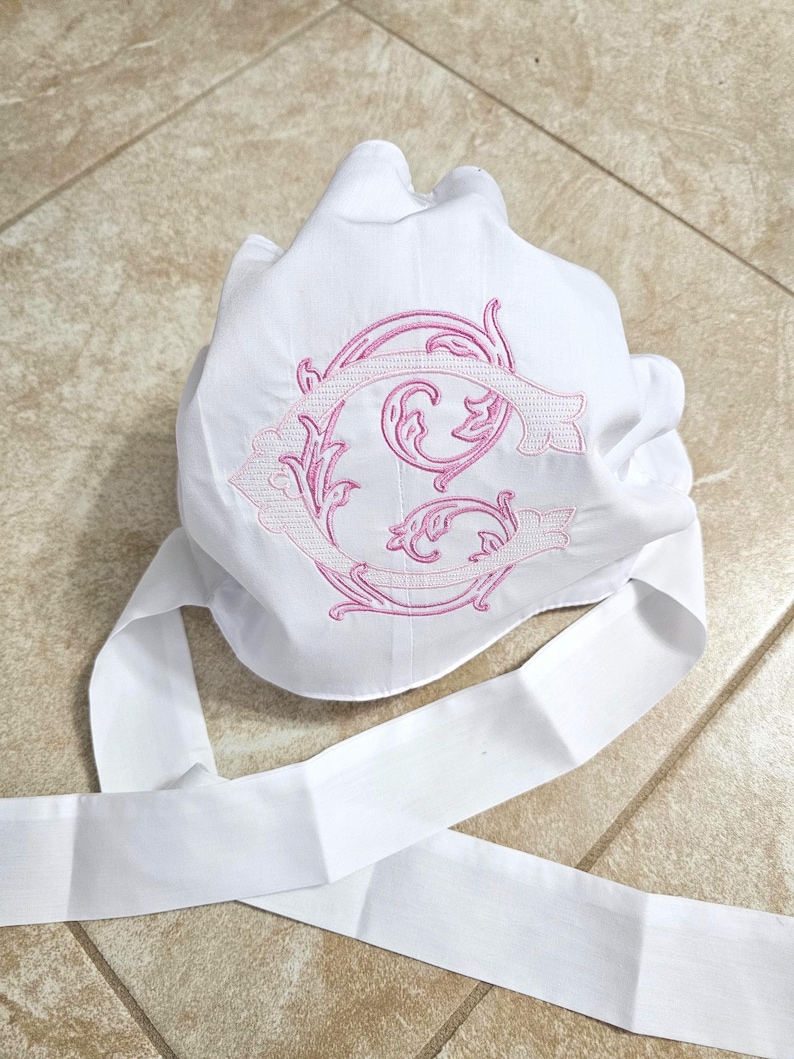 Monogrammed Baby Bonnet: Embroidered Cotton Button Bow Hat Childrens Photo Prop image 6