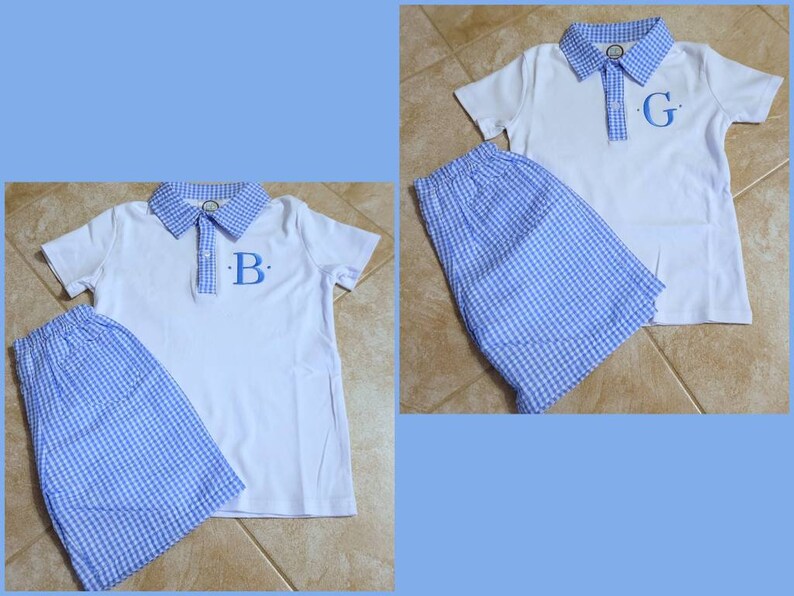 May include: Two white polo shirts with blue gingham collars and matching blue gingham shorts. Each shirt has a single initial embroidered in blue on the chest. The background is a light blue.