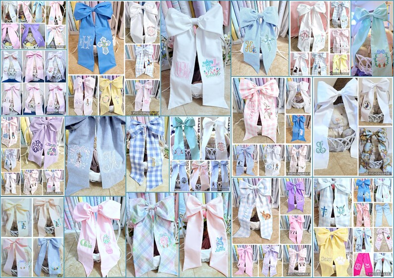 May include: A collage of decorative hair bows in various colors, including white, blue, pink, and yellow. Many bows feature embroidered designs such as crosses, bunnies, and floral patterns. Some bows have monogrammed initials.