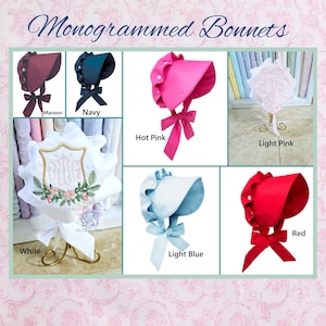 Monogrammed Baby Bonnet: Embroidered Cotton Button Bow Hat Childrens Photo Prop image 1