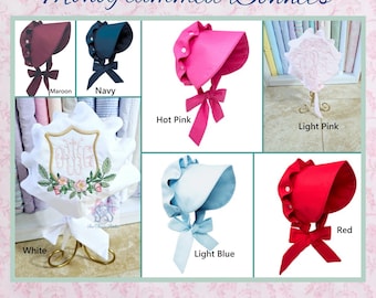 Monogrammed Bonnet: Embroidered Cotton Button Bow Toddler Girl Hat Photo Prop