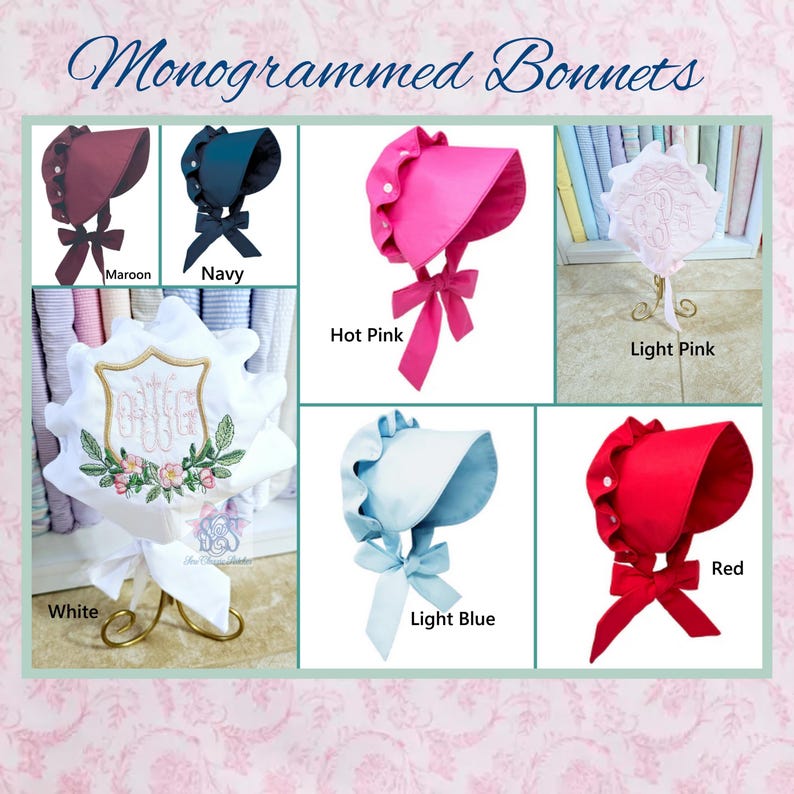 Monogrammed Baby Bonnet: Embroidered Cotton Button Bow Hat Childrens Photo Prop image 1