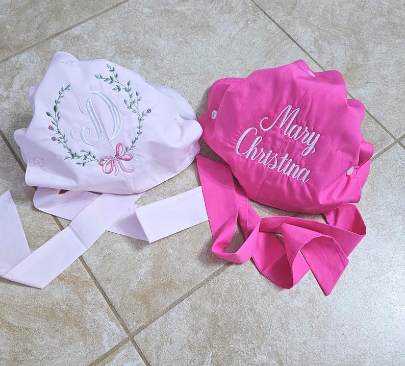 Monogrammed Baby Bonnet: Embroidered Cotton Button Bow Hat Childrens Photo Prop image 11