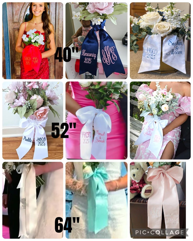 May include: A collage of images featuring satin ribbons, some with floral arrangements. The ribbons are in various colors, including red, navy, white, and light pink. Some ribbons have text like "Homecoming 2025" or initials embroidered on them. The longest ribbon is 64 inches.