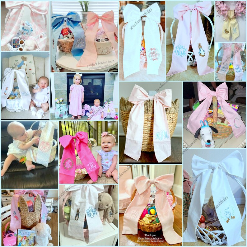 May include: Assortment of Easter baskets with large fabric bows in various colors, including pink, blue, and white. Some bows feature embroidered designs and personalized monograms. Baskets are filled with toys and treats, perfect for Easter gifts.