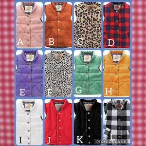May include: A collage of twelve quilted vests in various colors and patterns. The vests include solid colors like pink, orange, purple, green, yellow, white, red, and black, as well as leopard print and buffalo plaid. Each vest has a button-up front and a contrasting floral lining.