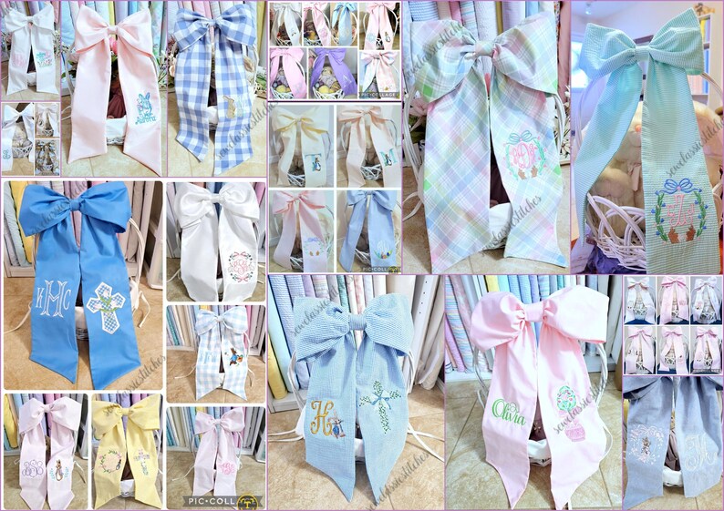 May include: A collage of decorative bows in various colors, including pink, blue, and white. Some bows feature embroidered designs such as crosses, initials, and floral patterns. The bows are likely for gift wrapping or decorative purposes.