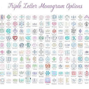 Pode incluir: Um gr&aacute;fico de 100 designs de monogramas de tr&ecirc;s letras diferentes em v&aacute;rias cores e estilos. Cada monograma &eacute; exibido em uma caixa quadrada com o nome do design abaixo.