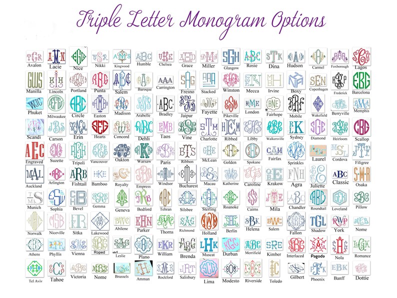 Pode incluir: Um gr&aacute;fico de 100 designs de monogramas de tr&ecirc;s letras diferentes em v&aacute;rias cores e estilos. Cada monograma &eacute; exibido em uma caixa quadrada com o nome do design abaixo.