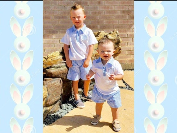 Monogrammed Boys Matching Play Set Shorts Polo Shirt Collar Elastic Waist Gift Birthday Set Embroidered Shorts Outfit Gingham trim shirt