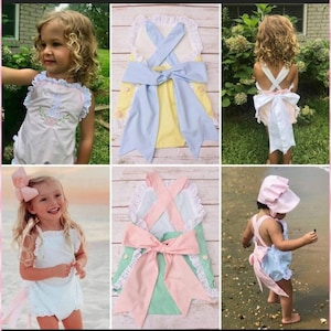Monogrammed Sunsuit Ruffle Bubble Bow Romper Summer Outfit Toddler Sunsuit Eyelet Trim Patriotic Birthday Gift Vacation Personalized Romper