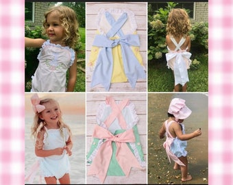 Monogrammed Sunsuit: Ruffle Bow Romper Bow Tie Summer Outfit Birthday Party Custom Photo Prop