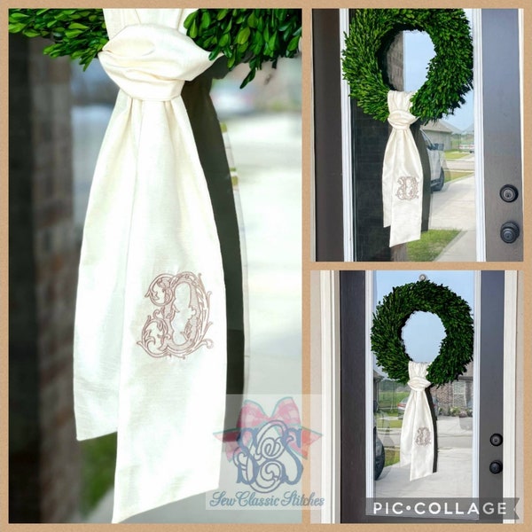 Monogrammed Wreath Sash Front Door Bow Sash Seasonal Sash Holiday Gift Housewarming Personalized Wreath Sash Custom Door Decor Cotton Silk