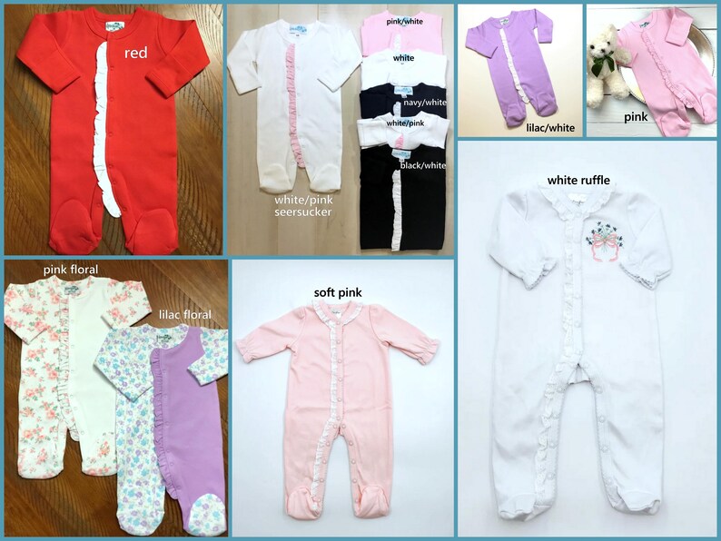 May include: A collection of long-sleeved footed infant sleepers in various colors including red, white, pink, lilac, navy, and black. Several feature a vertical ruffle detail along the front closure, while others display floral patterns or embroidery.