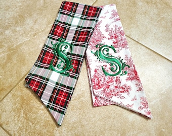 Monogrammed Christmas Wreath Sash: Holiday Door Decor Embroidered Holiday Ribbon Bow Accessory Scarf