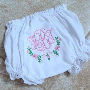 Monogrammed Bloomers White Eyelet Bloomers Diaper Cover Wreath Baby Girls Personalized Gift Baby Shower Gift Newborn Gift Heirloom Panties