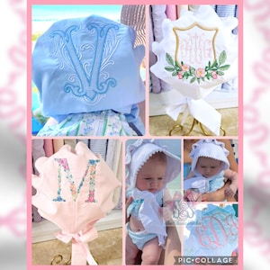 May include: Collage of five images showing different styles of baby bonnets. The bonnets are made of white and light blue fabric and feature embroidered floral designs and monograms. The bonnets are displayed on a white background.