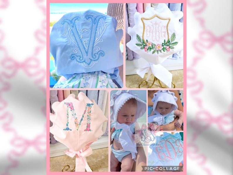 May include: Collage of five images showing different styles of baby bonnets. The bonnets are made of white and light blue fabric and feature embroidered floral designs and monograms. The bonnets are displayed on a white background.