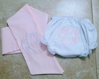 Monogrammed Baby Bloomer Set: Newborn Eyelet Diaper Cover & Sash Embroidered Ribbon Photo Prop